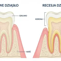 Porównanie zdrowych dziąseł z recesją dziąseł, gdzie odsłonięty jest korzeń zęba.