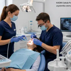 Asystentka stomatologiczna podczas kursu w szkole policealnej, pomaga dentyście w gabinecie.