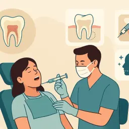 Dentysta podaje znieczulenie pacjentce. W tle ikony zębów i profilu głowy.