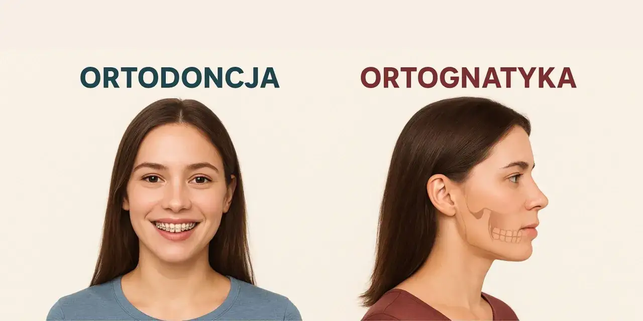 Ortodoncja vs. ortognatyka: uśmiechnięta twarz z aparatem na zębach i profil z zaznaczonymi kośćmi szczęki, sugerujący operację dwuszczękową.