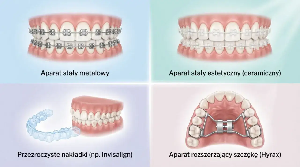 Różne aparaty ortodontyczne: metalowy, estetyczny, nakładki Invisalign i aparat Hyrax do leczenia zgryzu krzyżowego.