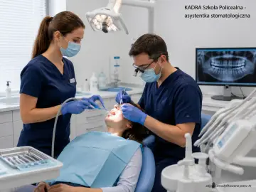 Asystentka stomatologiczna podczas kursu w szkole policealnej, pomaga dentyście w gabinecie.